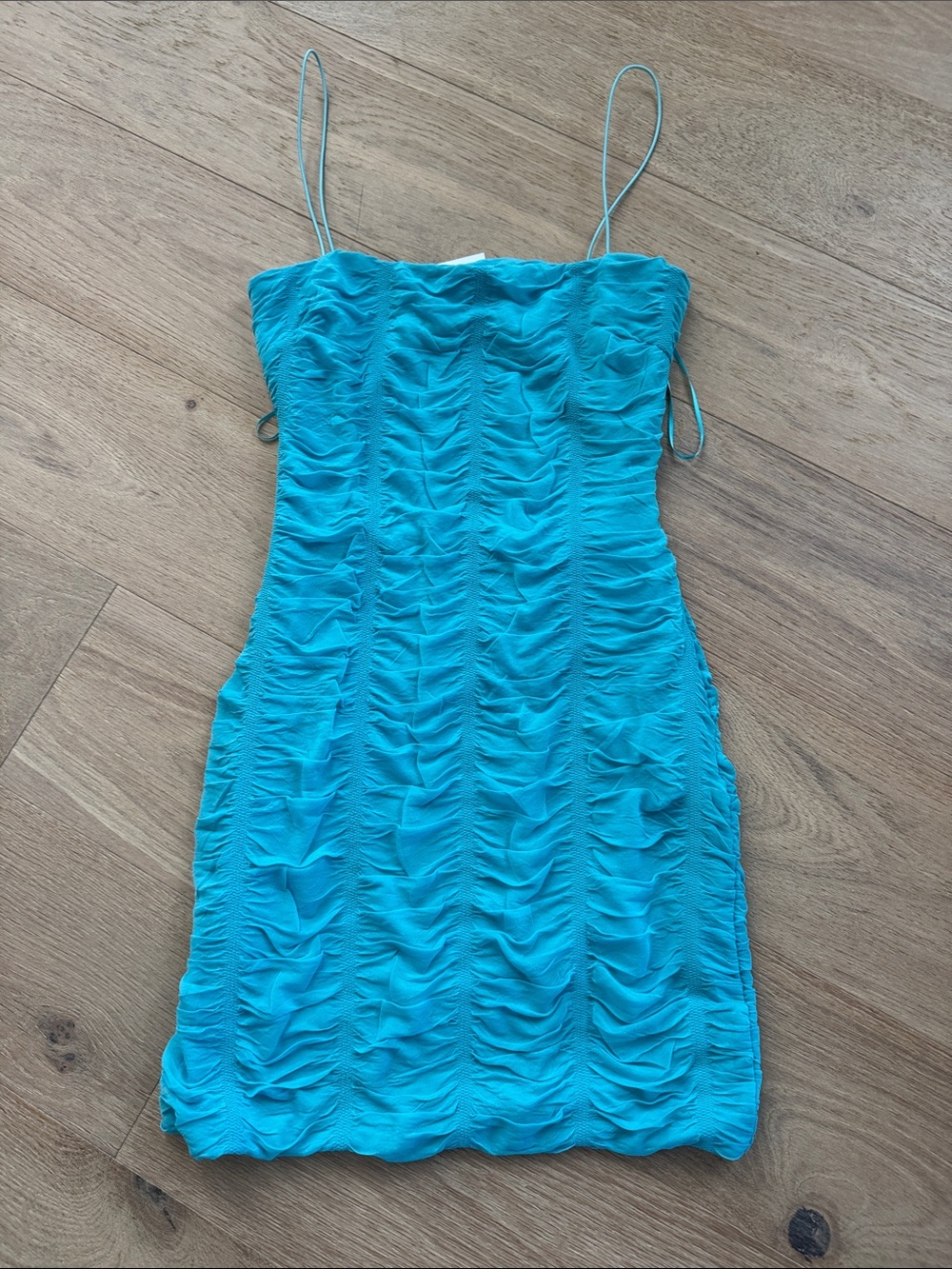 Ruched Spaghetti-Strap Bodycon Dress in Aqua